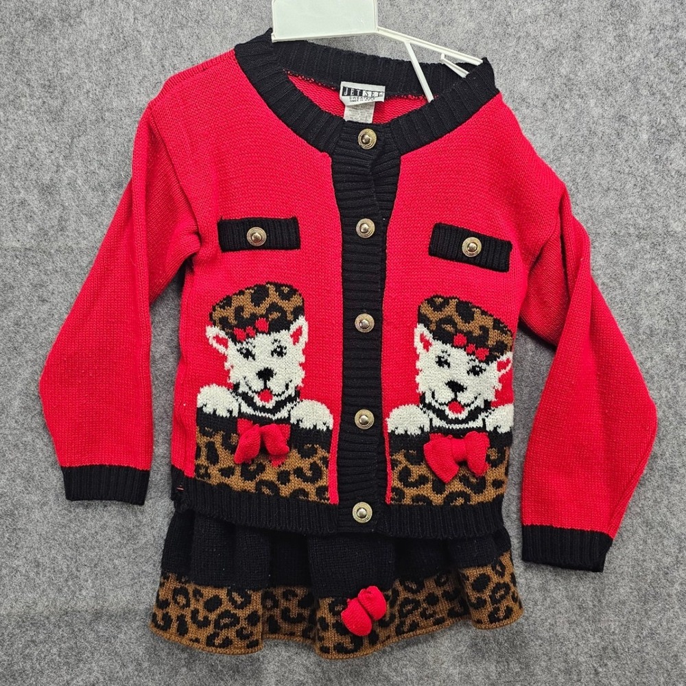 Jet Set Sweaters Vintage Kids Red Leopard Puppy Knit Cardigan Skirt Set Size‎ 6